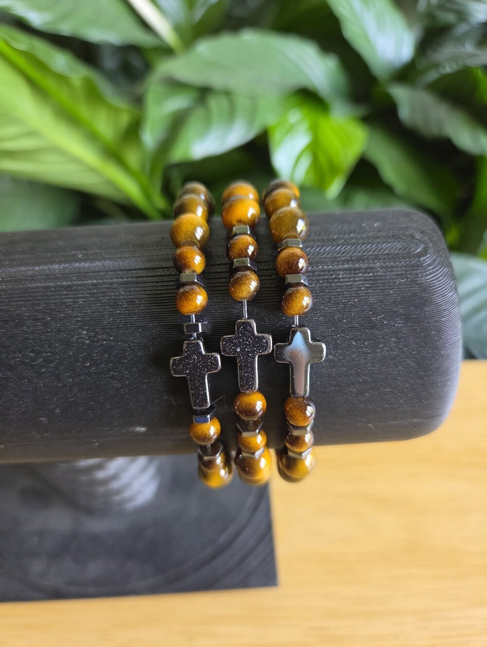 Handcrafted Set Of 3 Tiger's Eye With Hematite Cross Stretch Bracelet